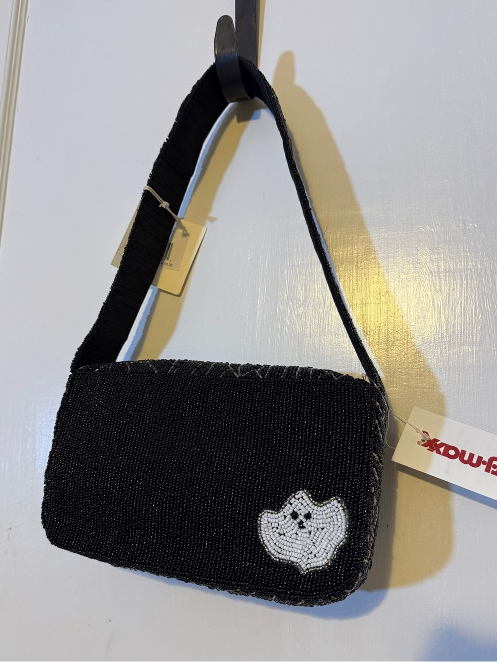 Viral TJMAX Black Beaded Shoulder Bag with White Ghost Motif, Halloween fall NWT - Picture 5 of 12